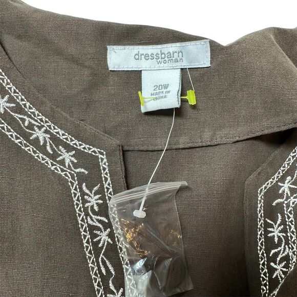 dressbarn Women Button Up Shirt Size 20W Brown Silk Linen Floral Embroidery Boho - Picture 7 of 13